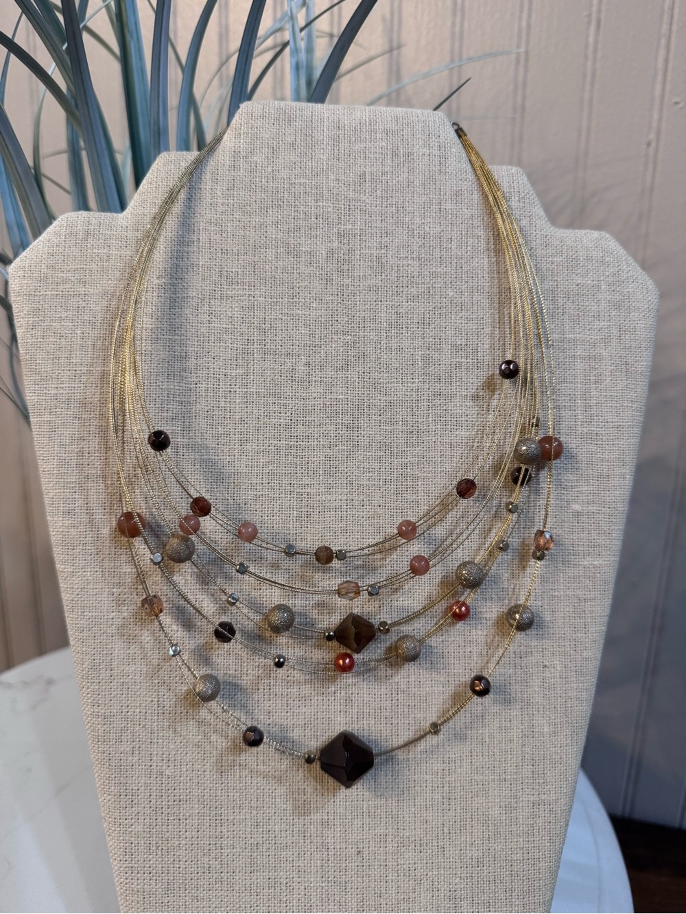Five Strand Gold Tone Layered Necklace Floating Beads Statement Fashion Jewelry